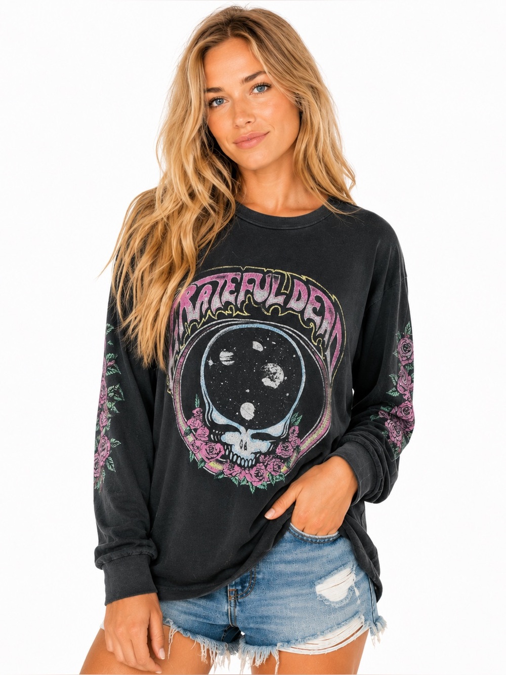 Daydreamer Grateful Dead Long Sleeve Graphic Tee Small Stealie Rose Sleeve